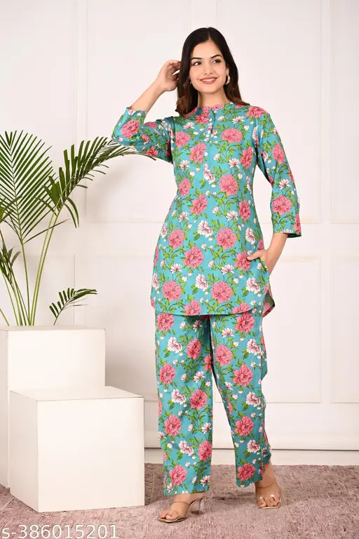 Febq Women's Designer Print Co-Ord Set Relaxed Fit for Women| Two Piece Co Ord Set Top & Pant |Casual Co Ords Women